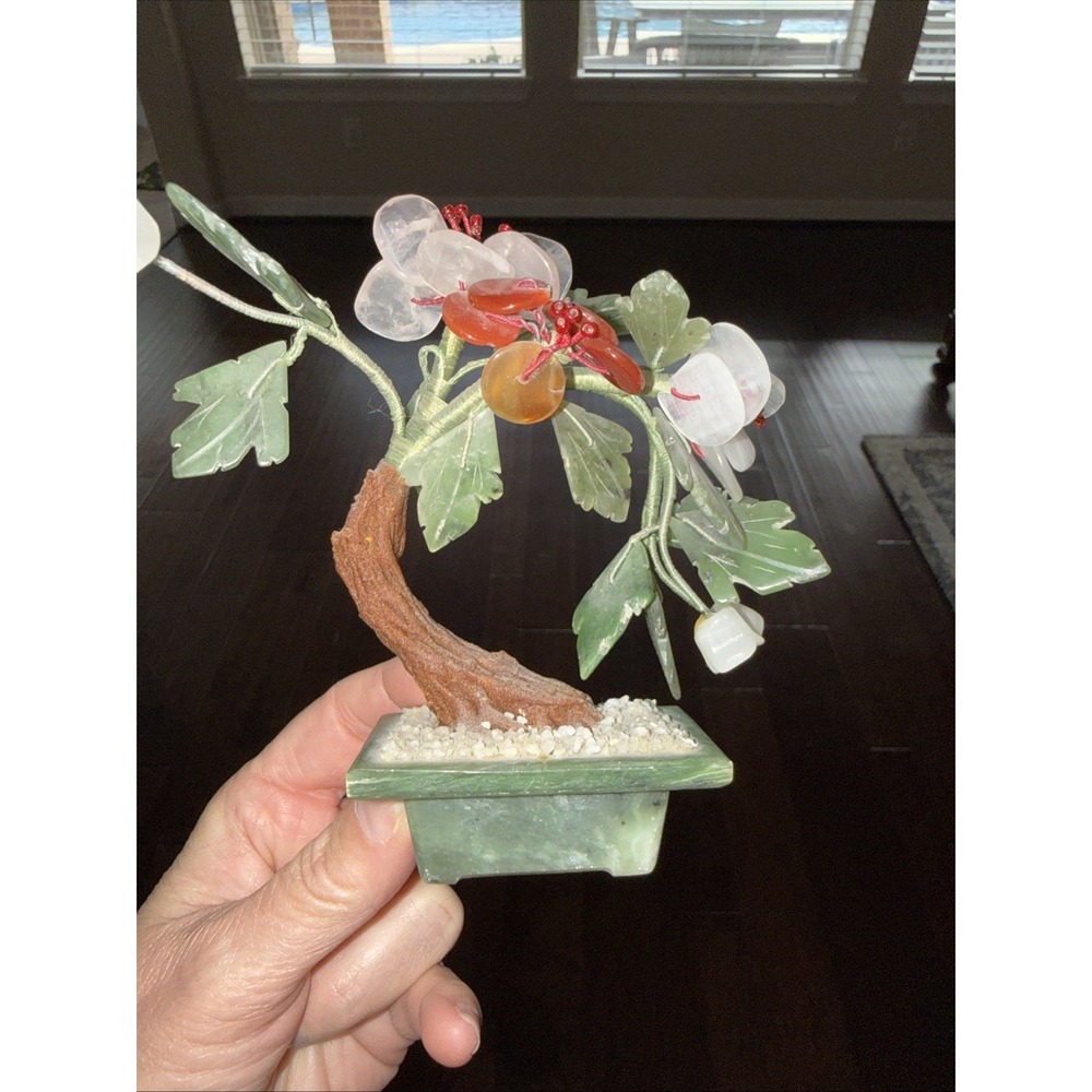 Vintage Carved Jade Flower Bonsai Tree Stone Flowers Small